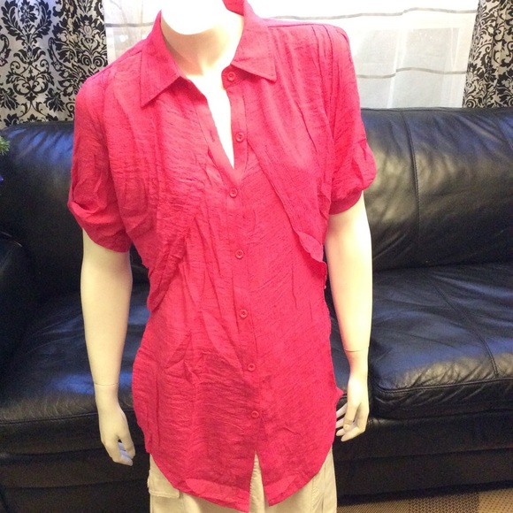 Red Coral hot pink button up blouse with tie - Picture 1 of 9